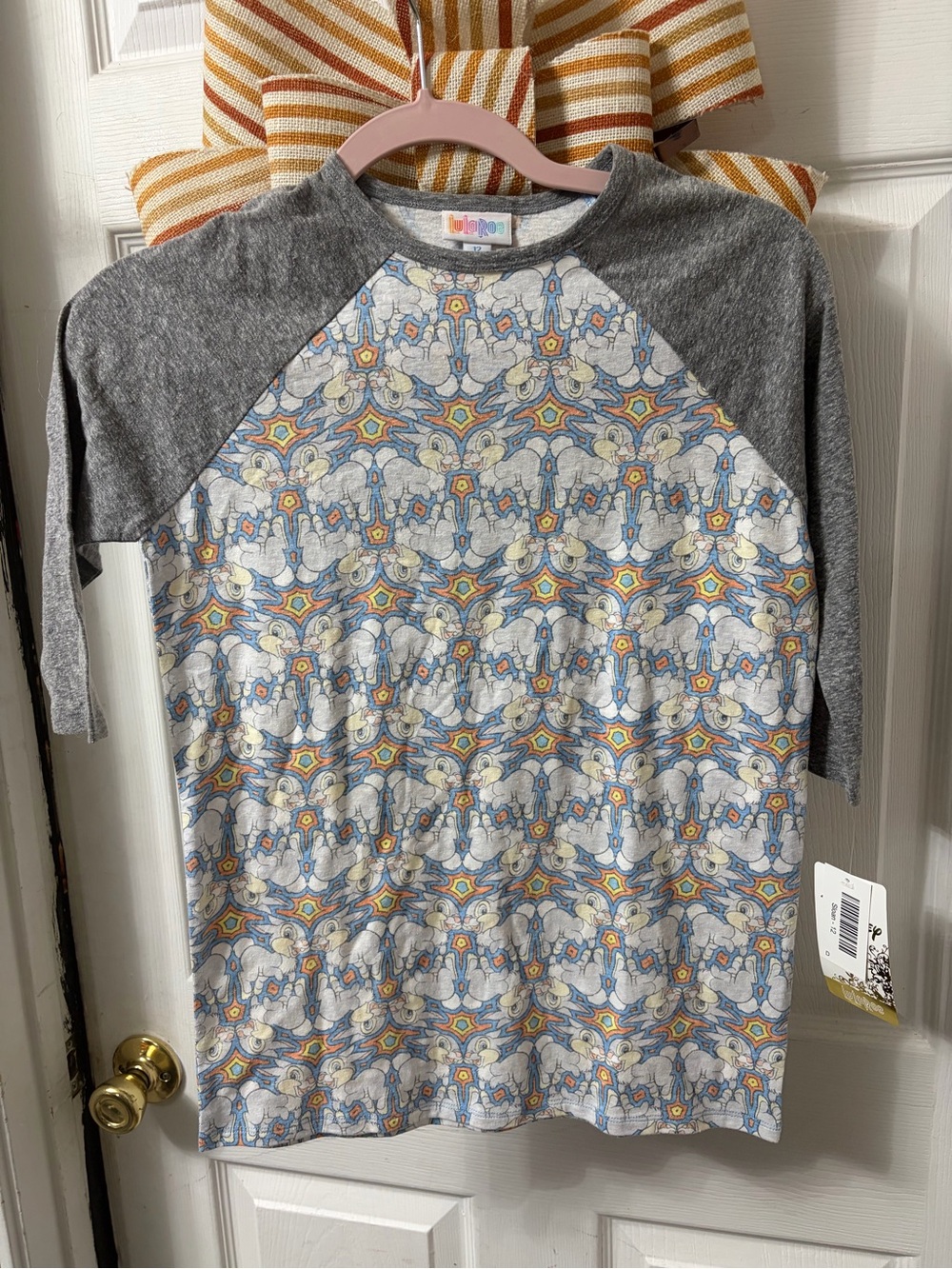 LuLaRoe Kids Raglan Tee in Gray with Multicolor Floral Medallion Print